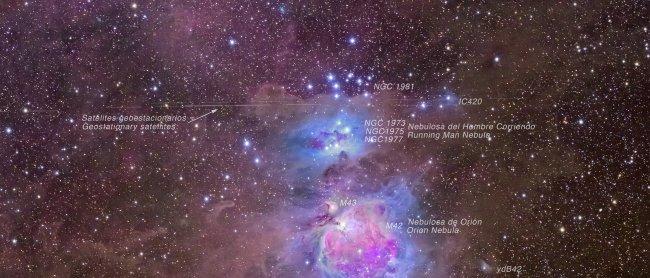 M42, the Orion Nebula, also known as NGC 1796 is a diffuse nebula below Orion's Belt. It is one of the brightest nebulae in the sky, and can be observed with the naked eye during the night. It is some 1,270 light years away, and has a diameter of some 24 
