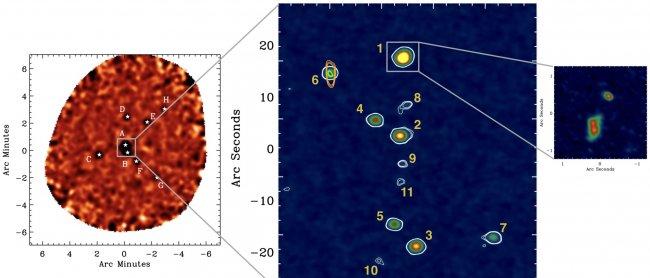 Imágenes del protocúmulo de galaxias llamado "núcleo rojo polvoriento”. Crédito: Oteo et al. 2018, APEX, ALMA, JVLA, ATCA, the Astrophysical Journal.