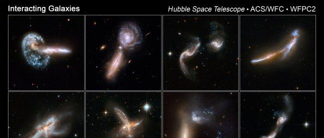 Several examples of massive galaxies merging. Credits: NASA, ESA, the Hubble Heritage and Collaboration, and A. Evans.