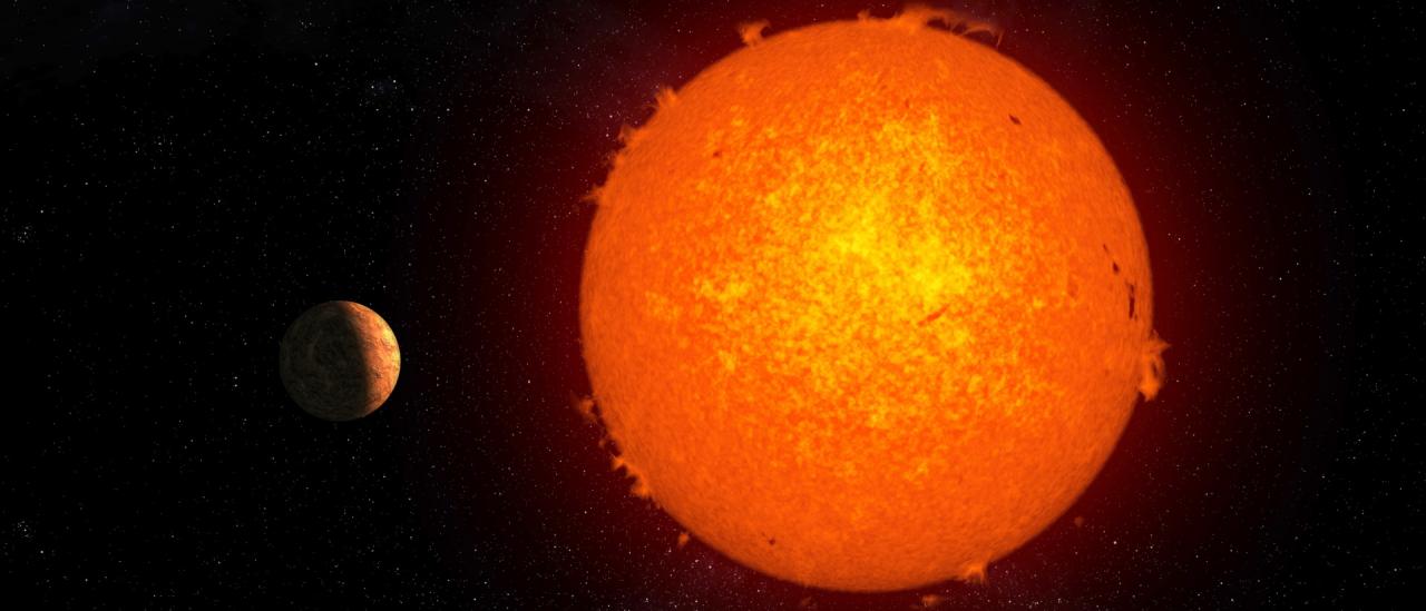 Representación artística del exoplaneta rocoso Próxima b orbitando su estrella.