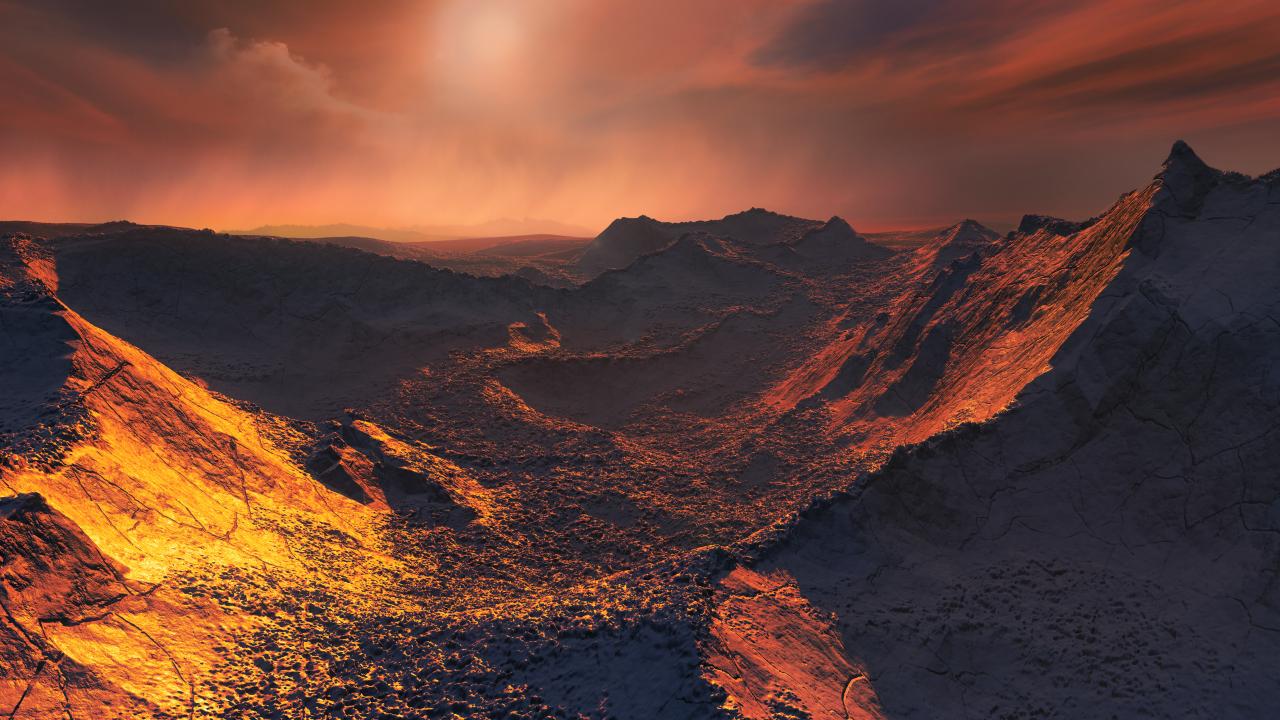 Imagen artística del planeta de la estrella de Barnard bajo la luz teñida de naranja de la estrella. Crédito: IEEC / Science-Wave - Guillem Ramisa. Licencia: Creative Commons with Attribution, https://creativecommons.org/licenses/by/4.0/ 