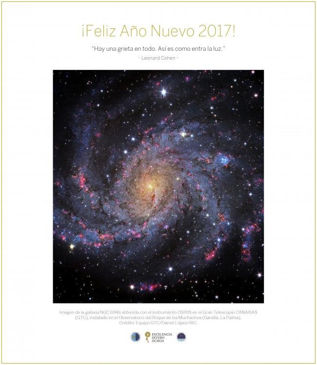 Postcard with image of the galaxy NGC 6946 obtained with the instrument OSIRIS in the Gran Telescopio CANARIAS (GTC), installed at the Observatorio del Roque de los Muchachos (Garafía, La Palma). Credit: GTC Team/Daniel López/IAC