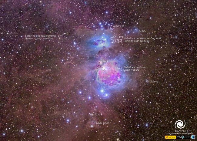 M42, the Orion Nebula, also known as NGC 1796 is a diffuse nebula below Orion's Belt. It is one of the brightest nebulae in the sky, and can be observed with the naked eye during the night. It is some 1,270 light years away, and has a diameter of some 24 