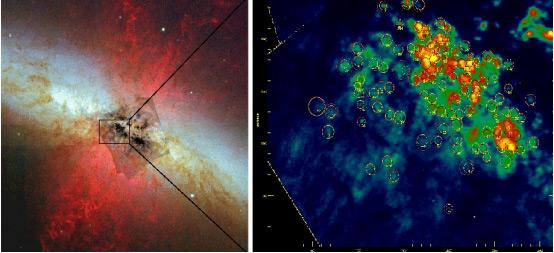 Image of M82 (Subaru 8m telescope) showing galactic superwinds (on the left, in red). The box shows stellar superclouds identified by the IAC team in an image taken by the Hubble Space Telescope.