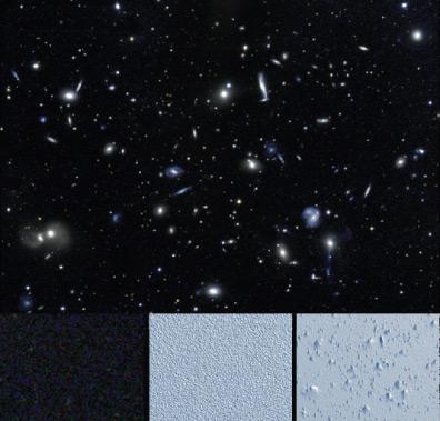 The image shows the Hubble Deep Field, a deep field of galaxies observed by the HST. In the lower part the result of the application of the SBF technique can be seen, resulting in the detection of very weak galaxies (final image, bottom right). 