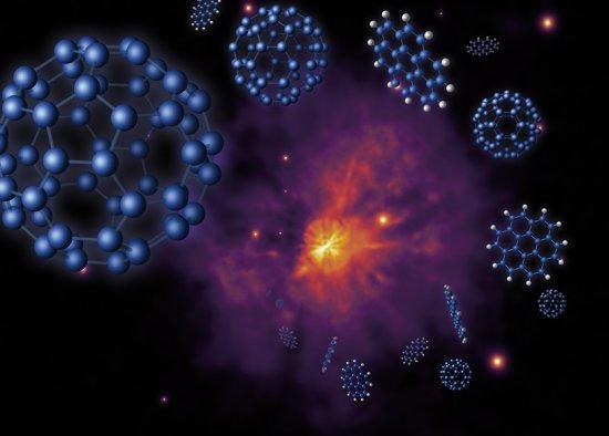 Artistic composition of the fullerenes and polycyclic aromatic hydrocarbons found in a R Corona Borealis star rich in hydrogen. The non-detection of these molecules in the vast majority of very hydrogen-poor R Coronae Borealis stars contradicts the terres