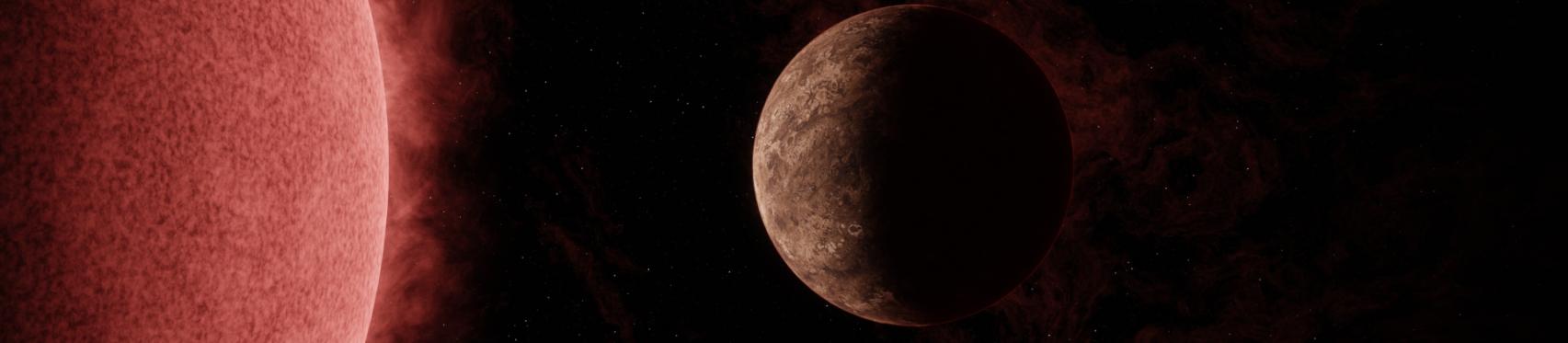 Representación artística del exoplaneta SPECULOOS-3 b en órbita alrededor de su estrella enana roja. El planeta es tan grande como la Tierra, mientras que su estrella es ligeramente mayor que Júpiter, pero mucho más masiva. Crédito: NASA/JPL-Caltech