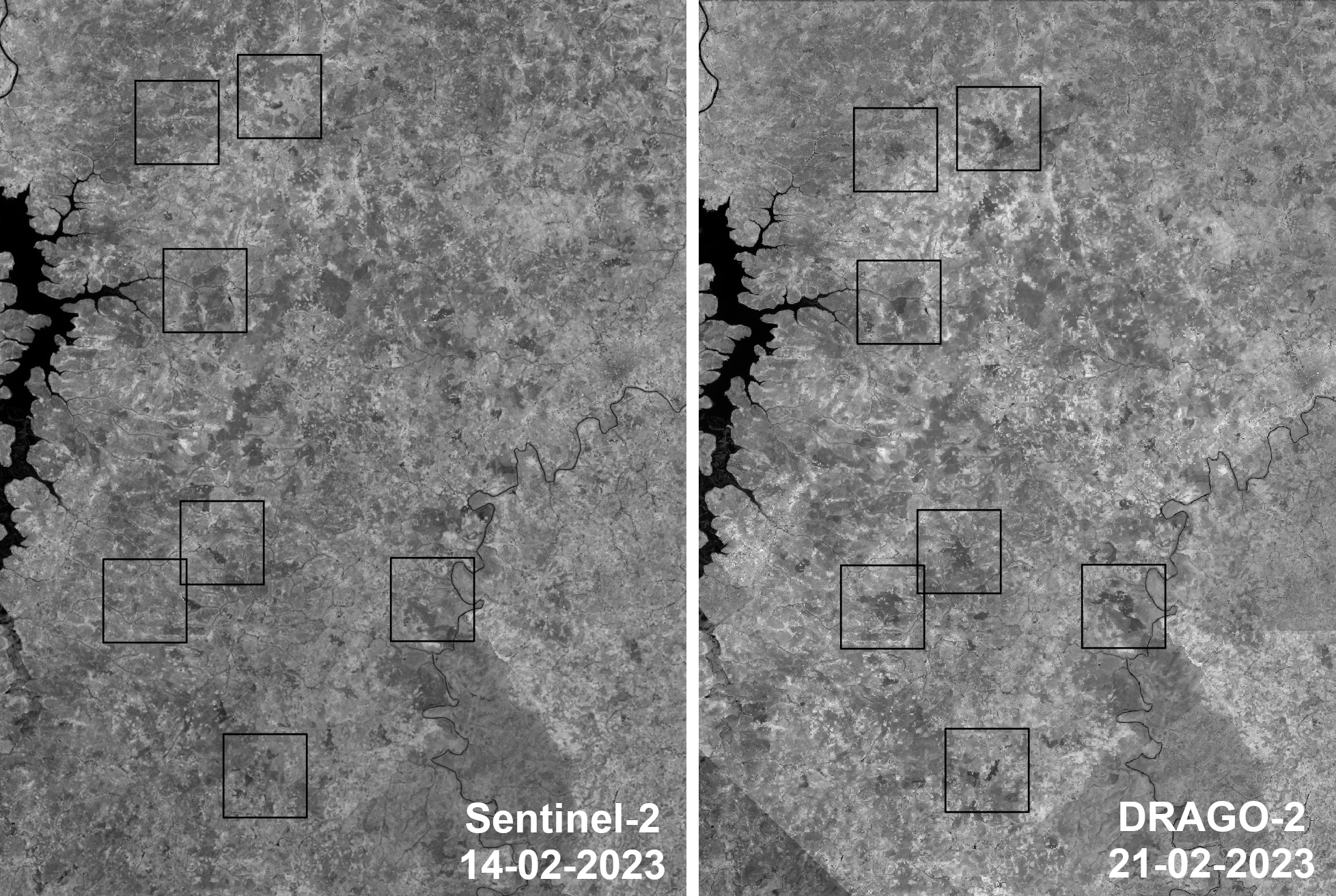Comparison between the images from Sentinel-2 and DRACO-2, which show the development of forest fires, and the initiation of new outbursts in Mali, between 14th and 21st February 2023. The squares show the burnt zones. Credit: IACTEC