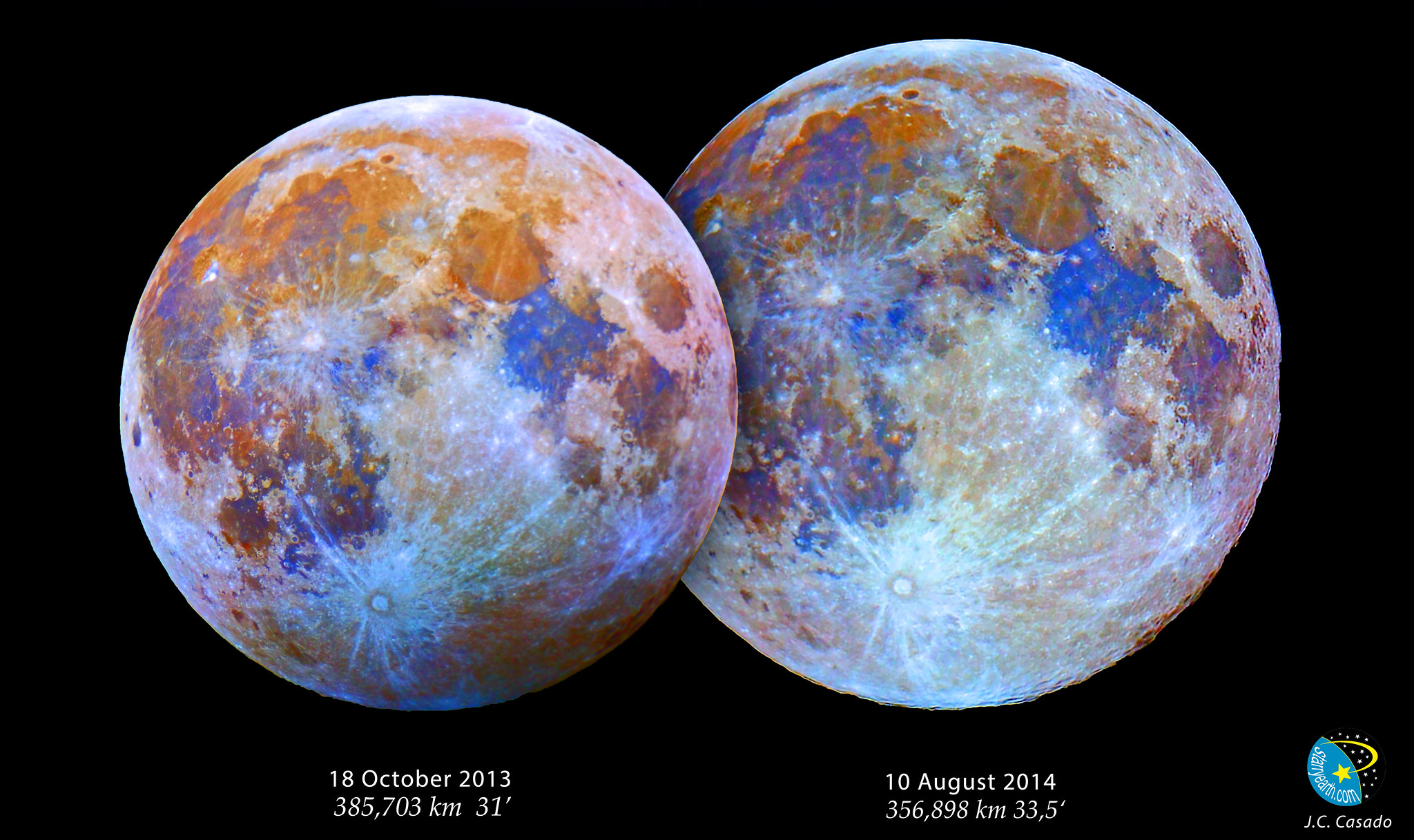 Tamaños aparentes de la SuperLuna del 10 agosto 2014 y la Luna llena del 18 octubre 2013. Autor: Juan Carlos Casado.