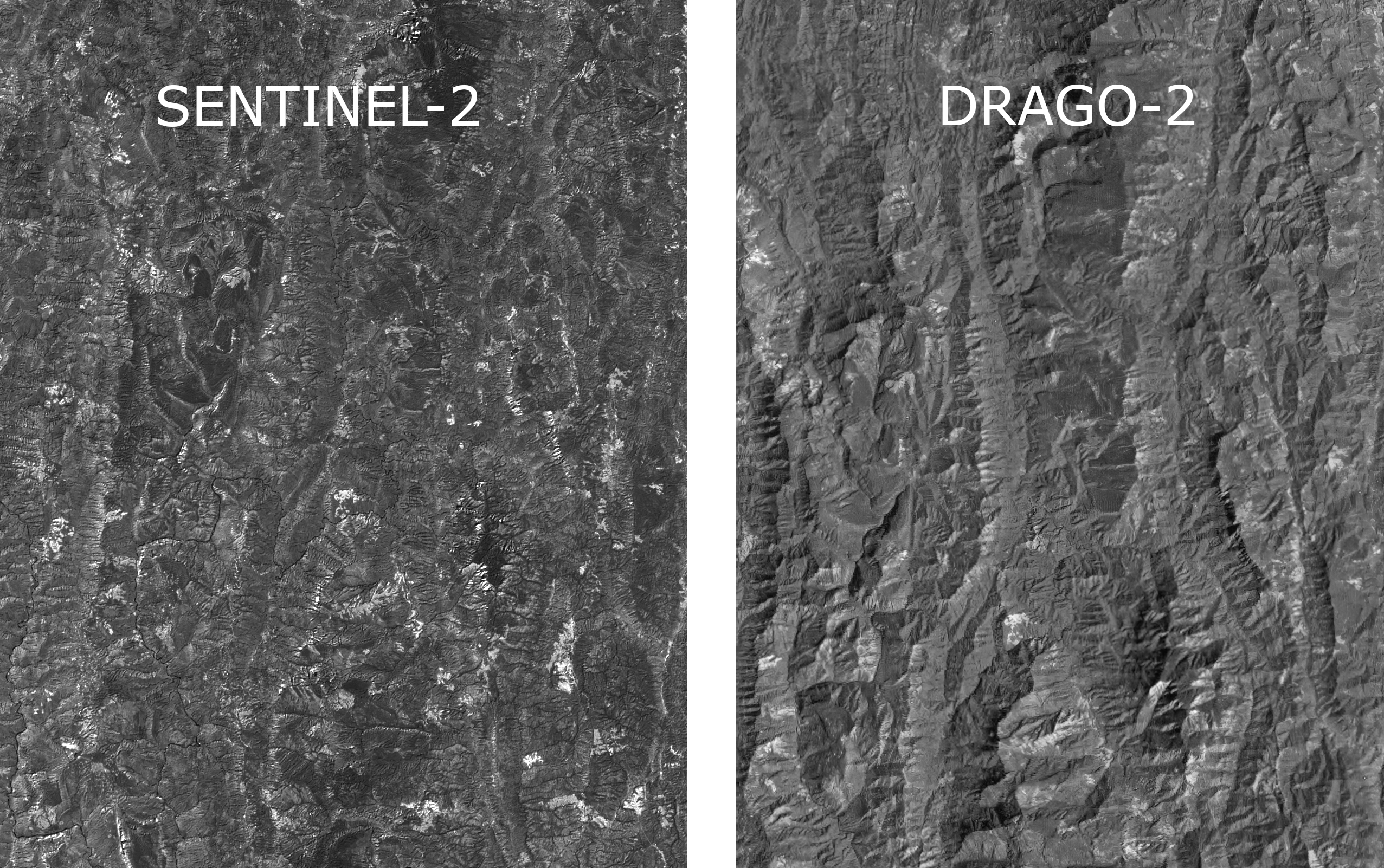 Comparison between the images from Sentinel-2 and DRAGO-2 of the State of Mizoran, India. Credit: IACTEC
