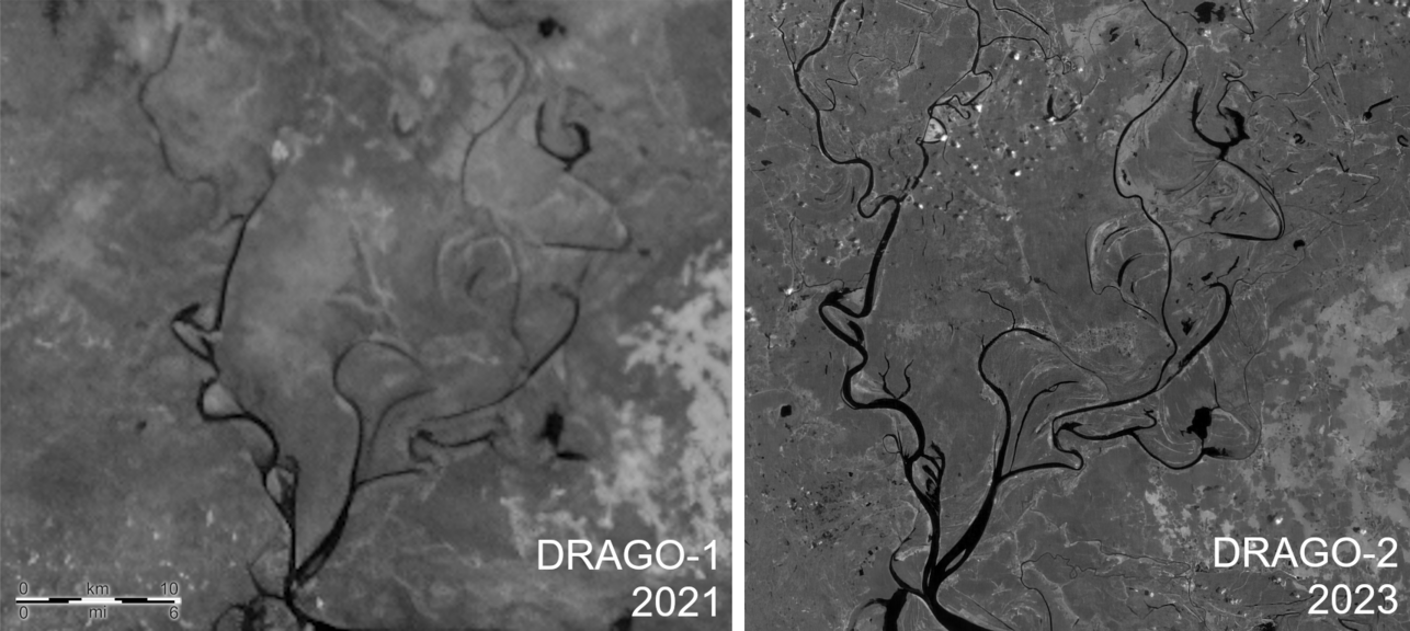 Comparación entre las imágenes de DRAGO-1 y de DRAGO-2 de una región al este de Bangladesh. En ella se pueden apreciar las diferencias en la resolución de ambos instrumentos. Crédito: IACTEC.