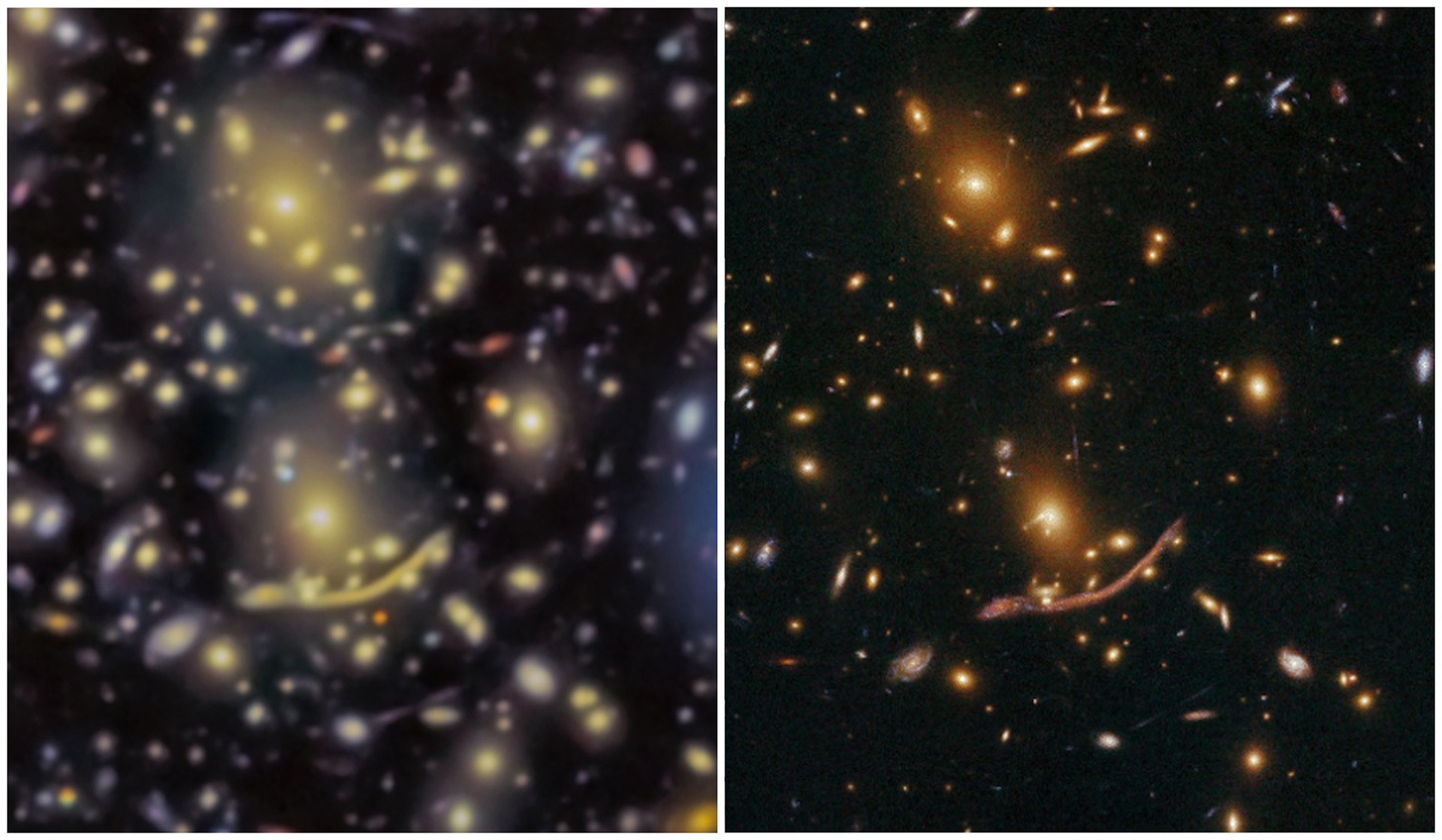This image compares the centre of the cluster as seen with the GTC (left) and with the Hubble Space Telescope (right). The data from the HST have better spatial resolution because they are not affected by the turbulence in the atmosphere. The data from the GTC are even deeper, showing the existence of some galaxies previously unknown and not detected by the HST. Credit: GRANTECAN/HST.