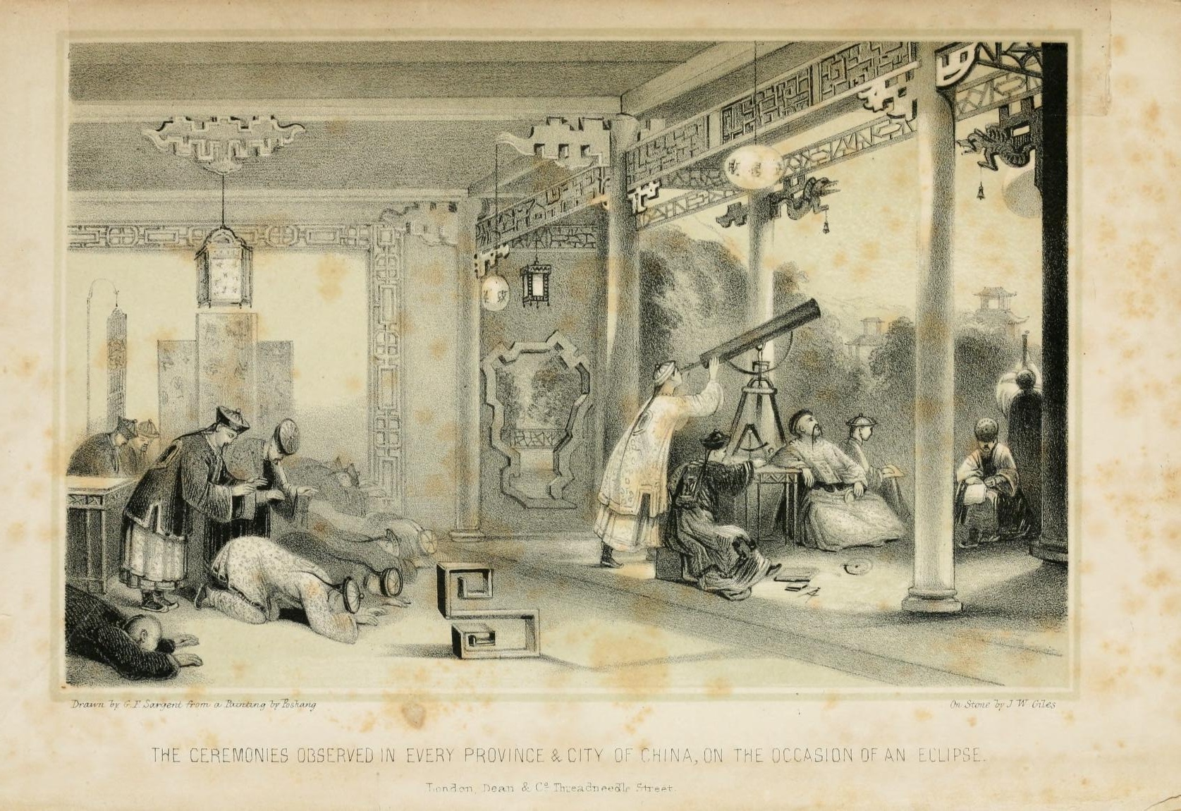 •	Escena imaginada de eclipse solar en la corte imperial china del siglo XIX. Dibujo de G.F. Sargent (1811-1864) a partir de una pintura de Fo Shang.