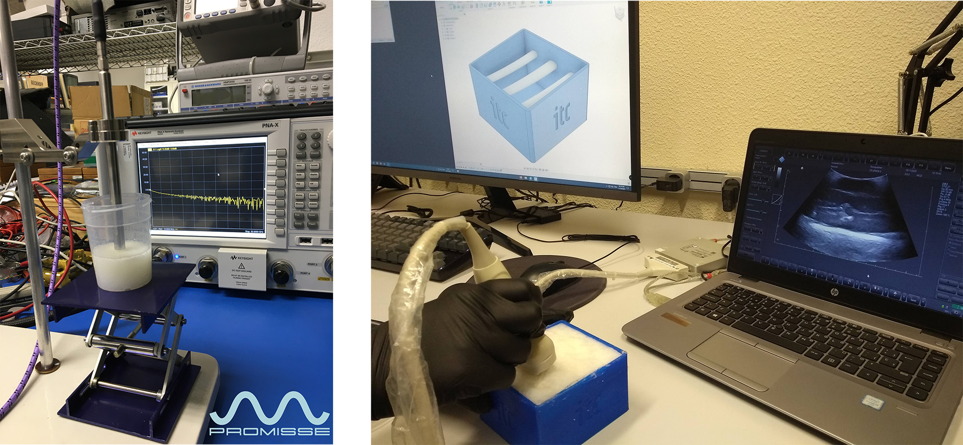 Experimental characterization of some of the phantoms manufactured in the microwave (left) and ultrasound (right) modalities. Logo created by PicPol. Credit: Natalia Arteaga Marrero and Enrique Villa