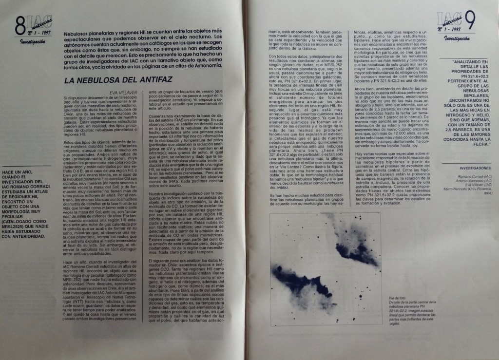 Copia del artículo “La Nebulosa del Antifaz”, de Eva Villaver, en IAC Noticias, N. 1-1997.