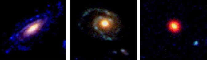 Imágenes de algunas de las galaxias estudiadas en el presente trabajo, mucho más lejanas y débiles, por lo que el estudio de estructuras es más complejo y solo posible con datos muy precisos proporcionados por GTC y Hubble. La galaxia de la izquierda y la central son dos galaxias de disco, mientras que la de la derecha es esferoidal. Crédito: Luca Costantin et al.