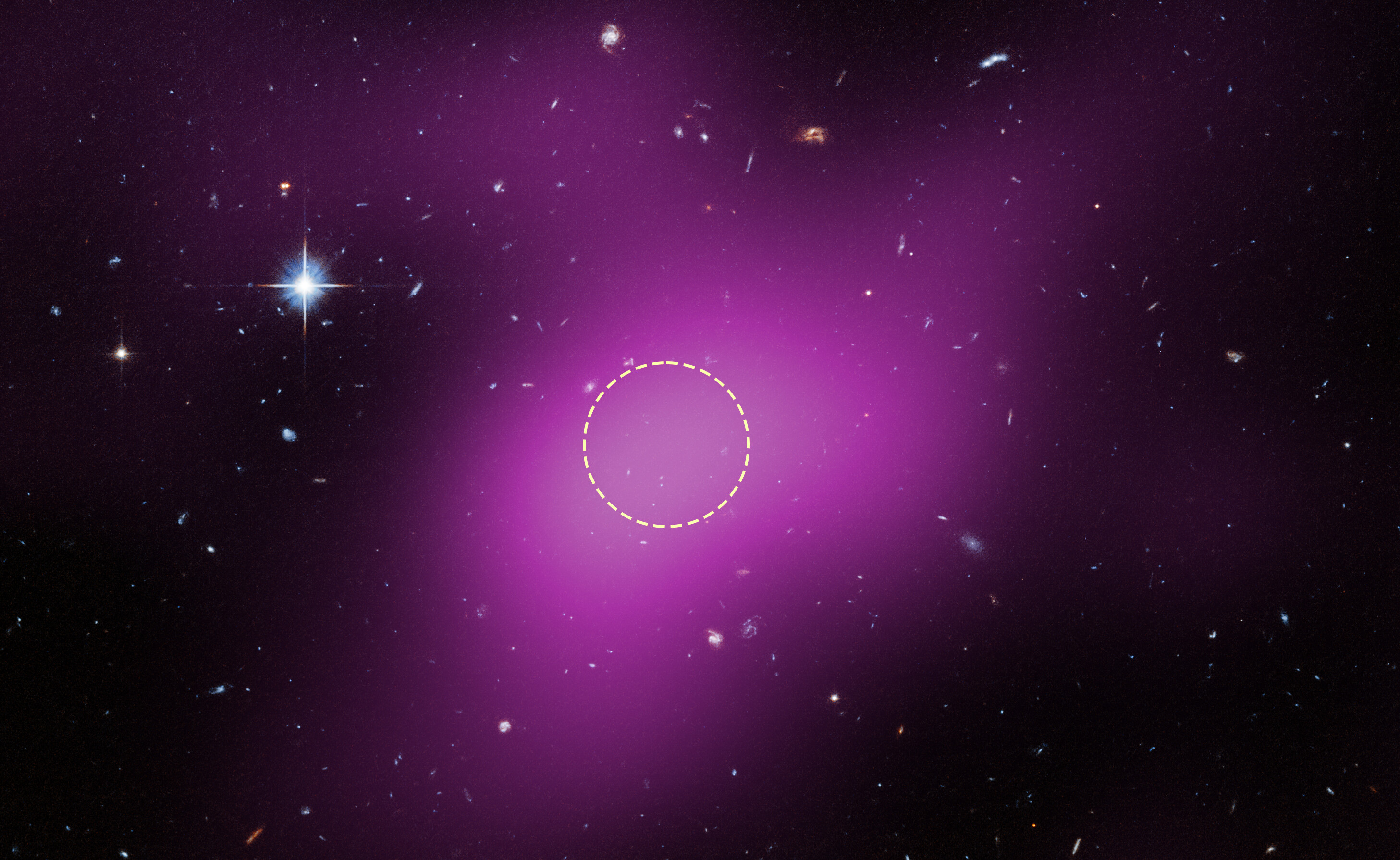  A region of space mostly filled with background galaxies, with one prominent star at upper left. A large blob of purple haze occupies much of the field. Within the purple region, an unremarkable area is outlined with a dashed white circle.