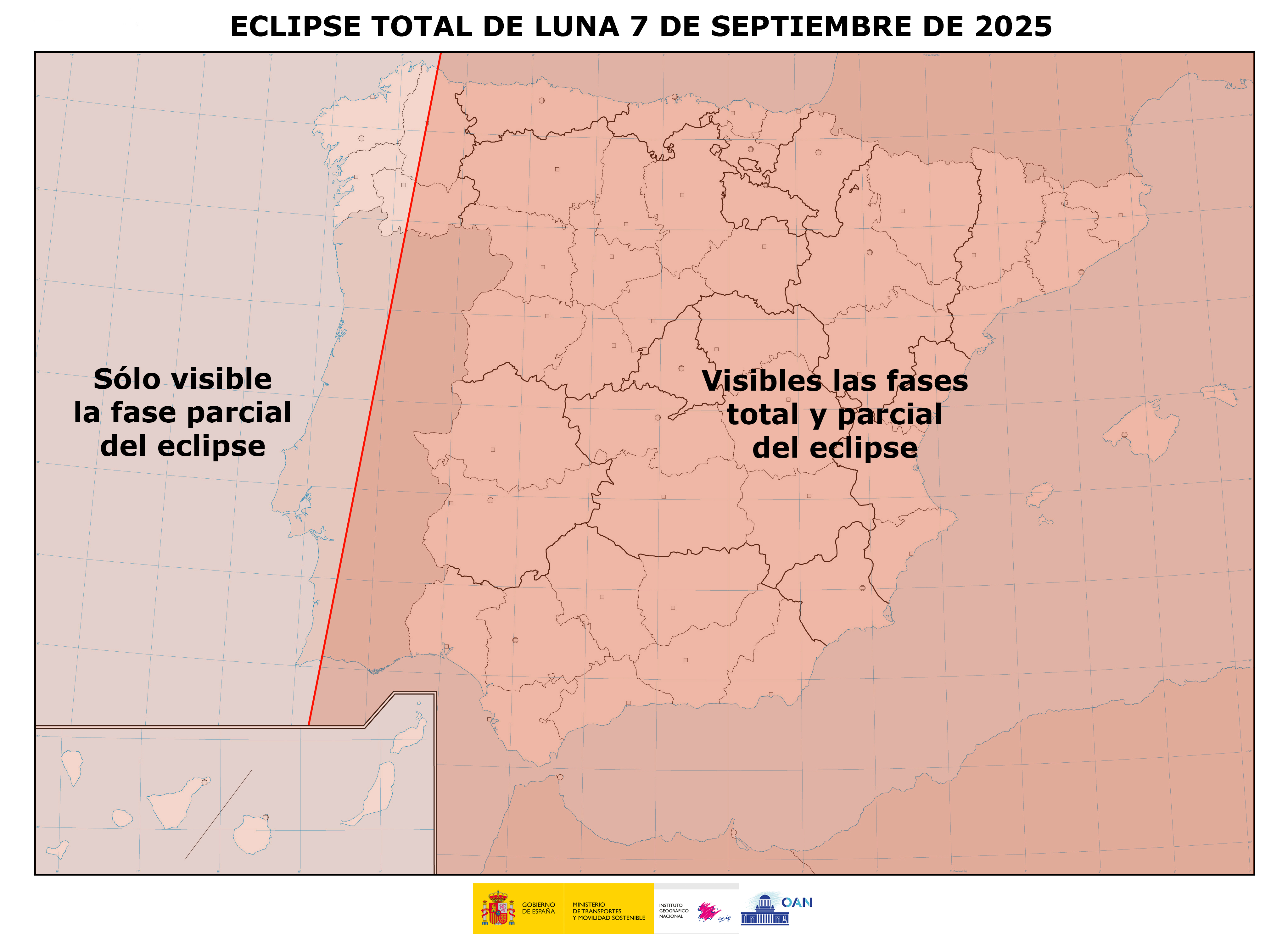 Mapa de visibilidad del eclipse total de Luna en España