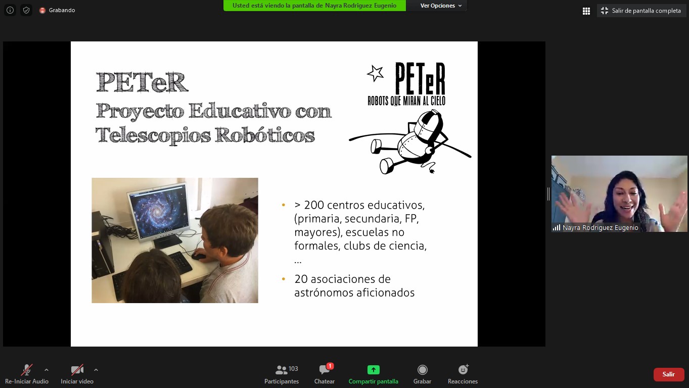 Captura de una de las clases virtuales del curso "PETeR: Investigar el Universo con telescopios robóticos"