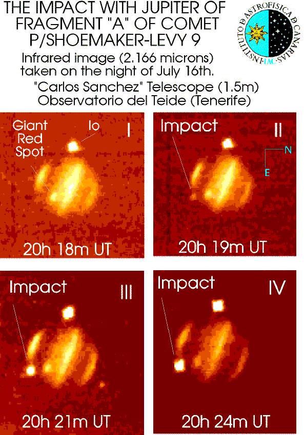 Imagen original en Infrarrojo del cometa Shoemaker-Levy 9 impactando en Júpiter. Crédito: Instituto de Astrofísica de Canarias.