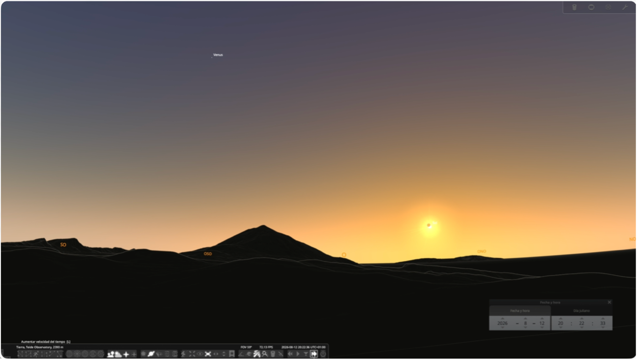 Eclipse parcial de Sol desde el Observatorio del Teide el 12 de agosto de 2026. Puede identificarse claramente el Teide, montaña Guajara y la isla de la Palma sobre el océano Atlántico.