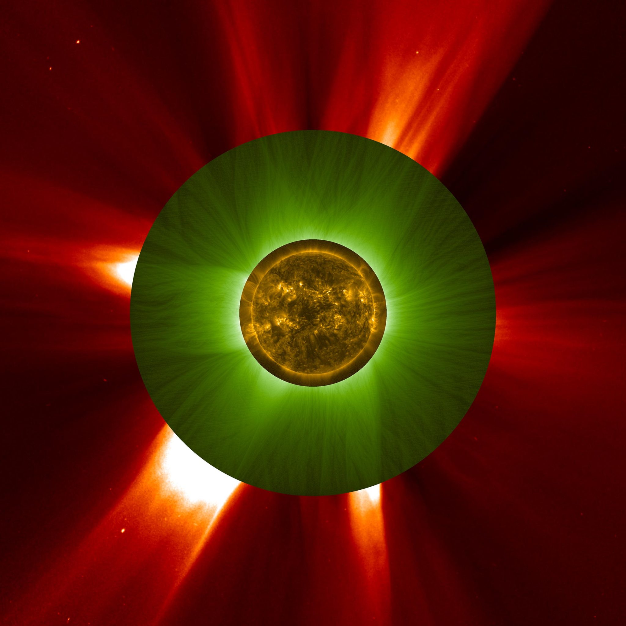 The Sun and the corona, based on a combination of images from three different missions