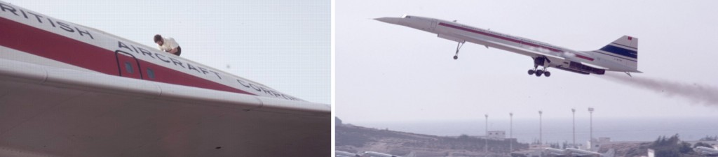A la izquierda, John Beckman limpiando la ventana antes del despegue del Concorde. A la derecha, despegue del avión desde el aeropuerto de Gando, en Las Palmas. Fotos: James Lesurf, cedidas por John Beckman.