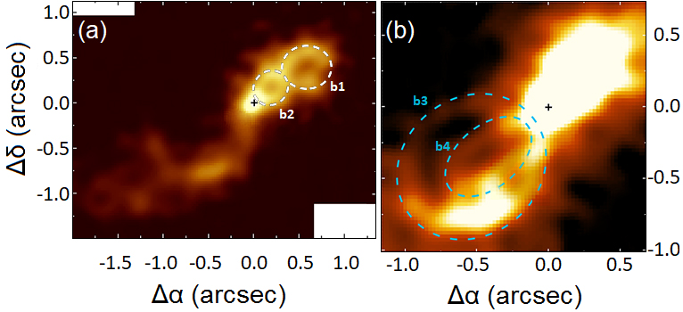 Figura 2. (a) Imagen en la línea de HI en ESO428-G14. Las elipses b1 y b2 representan subestructuras creadas durante la propagación del jet. Un efecto similar se observa en el panel (b), donde las elipses b3 a b5 son atribuidas a burbujas de gas infladas por el paso del jet.