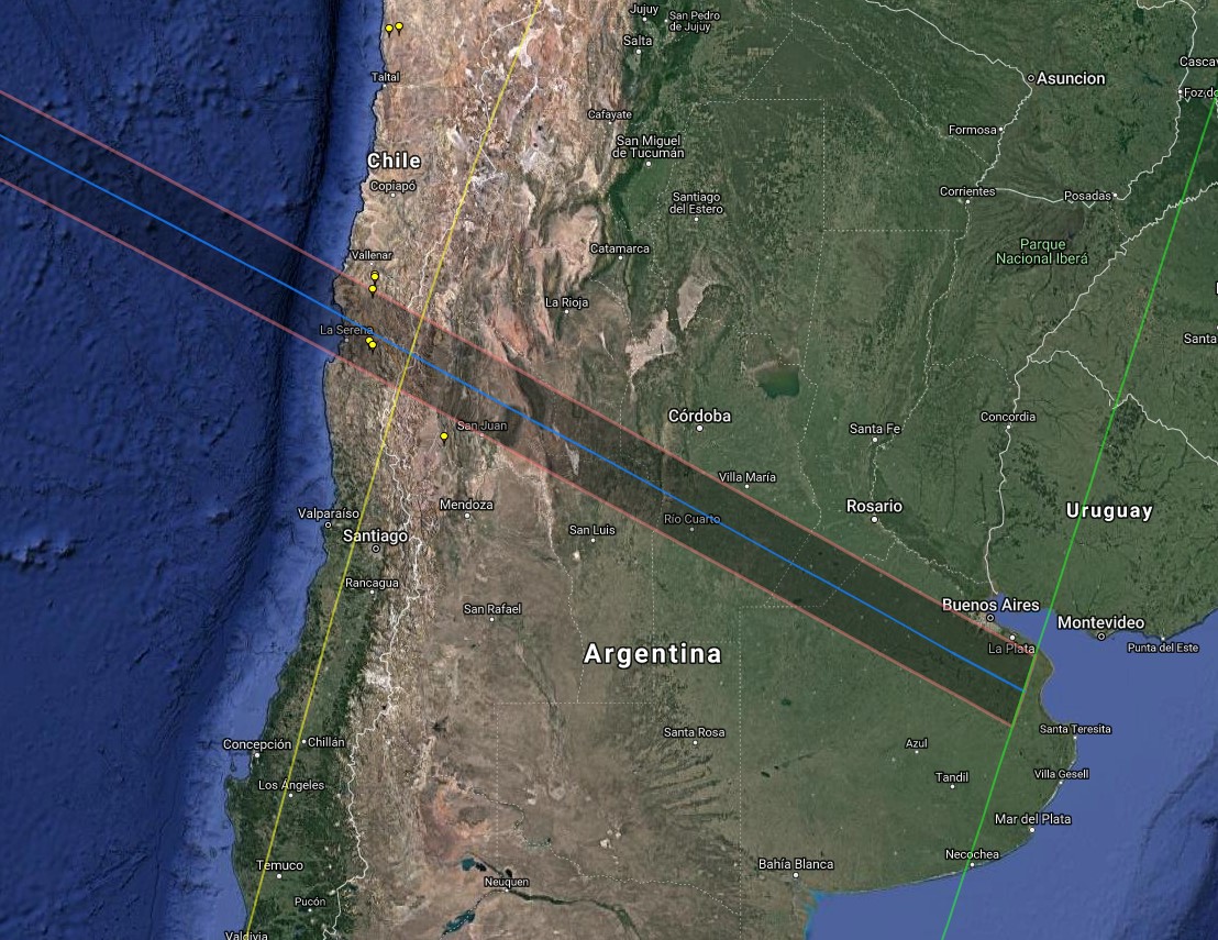 Figure 2. Band of totality (dark stripe with blue centre line) of the eclipse of 2nd July 2019, (according to data supplied by NASA) during its passage across Chile and Argentina. The point of observation with sky-live.tv will be the Cerro Tololo Inter-American Observatory, CTIO NOAO-NSF. USA) in the Coquimbo region of Chile. Credits X. M. Jubier/Google.