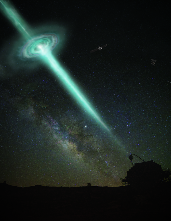 Representación del estallido de rayos gamma detectado por MAGIC. Crédito: Superbossa.com y MPI for Physics
