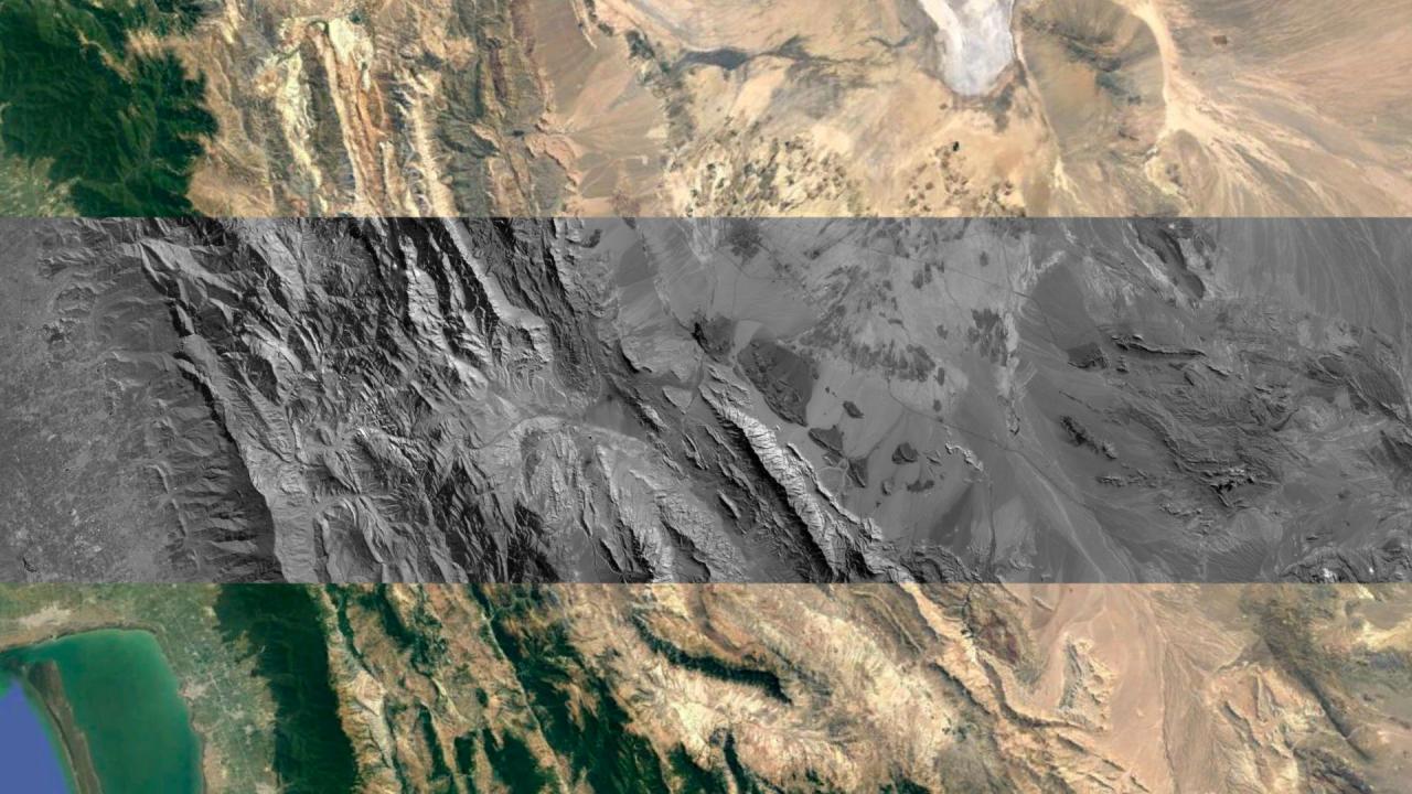 Imagen obtenida con DRAGO-2 del sur de Turkmenistán, cerca del Mar Caspio, en la que se distinguen infraestructuras humanas como carreteras y una población, así como el relieve montañoso de la zona. Crédito: IACTEC-Espacio / Google Earth