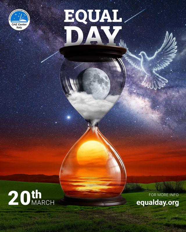 Cartel donde se ve un reloj de arena con una luna y un sol junto a una paloma de la paz