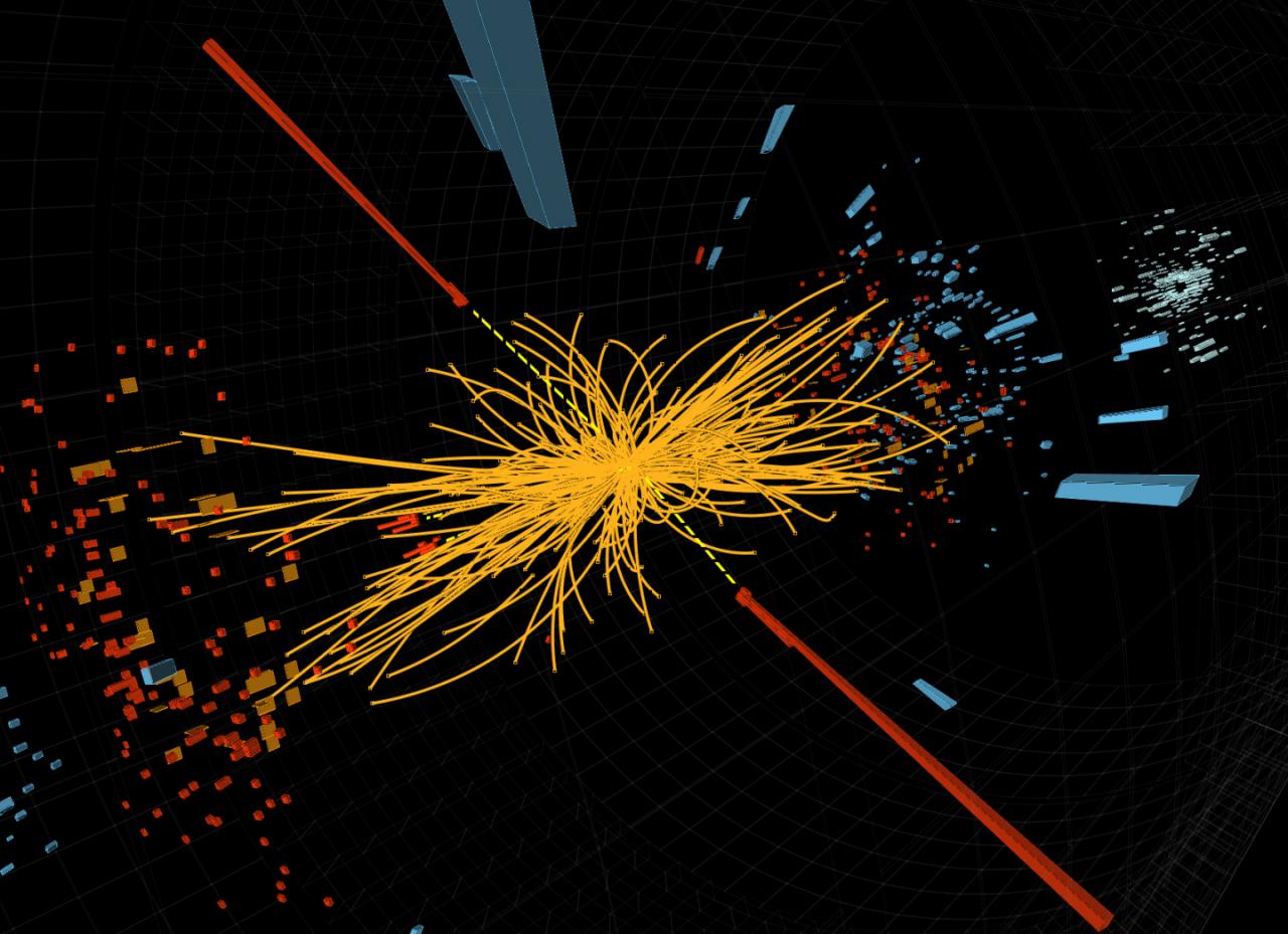 Experimento de física de partículas en el CERN (Organización Europea para la Investigación Nuclear): colisión de protones medida por el experimento CMS (Compact Muon Solenoid), candidata a la producción de 1 Higgs.