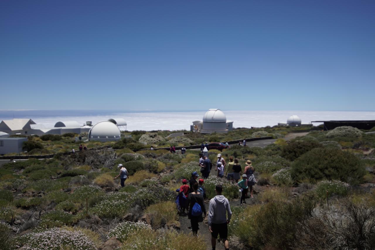 Asistentes a las Jornadas de Puertas Abiertas 2019 en el Observatorio del Teide saliendo de la cúpula de divulgación. Crédito: IAC. 