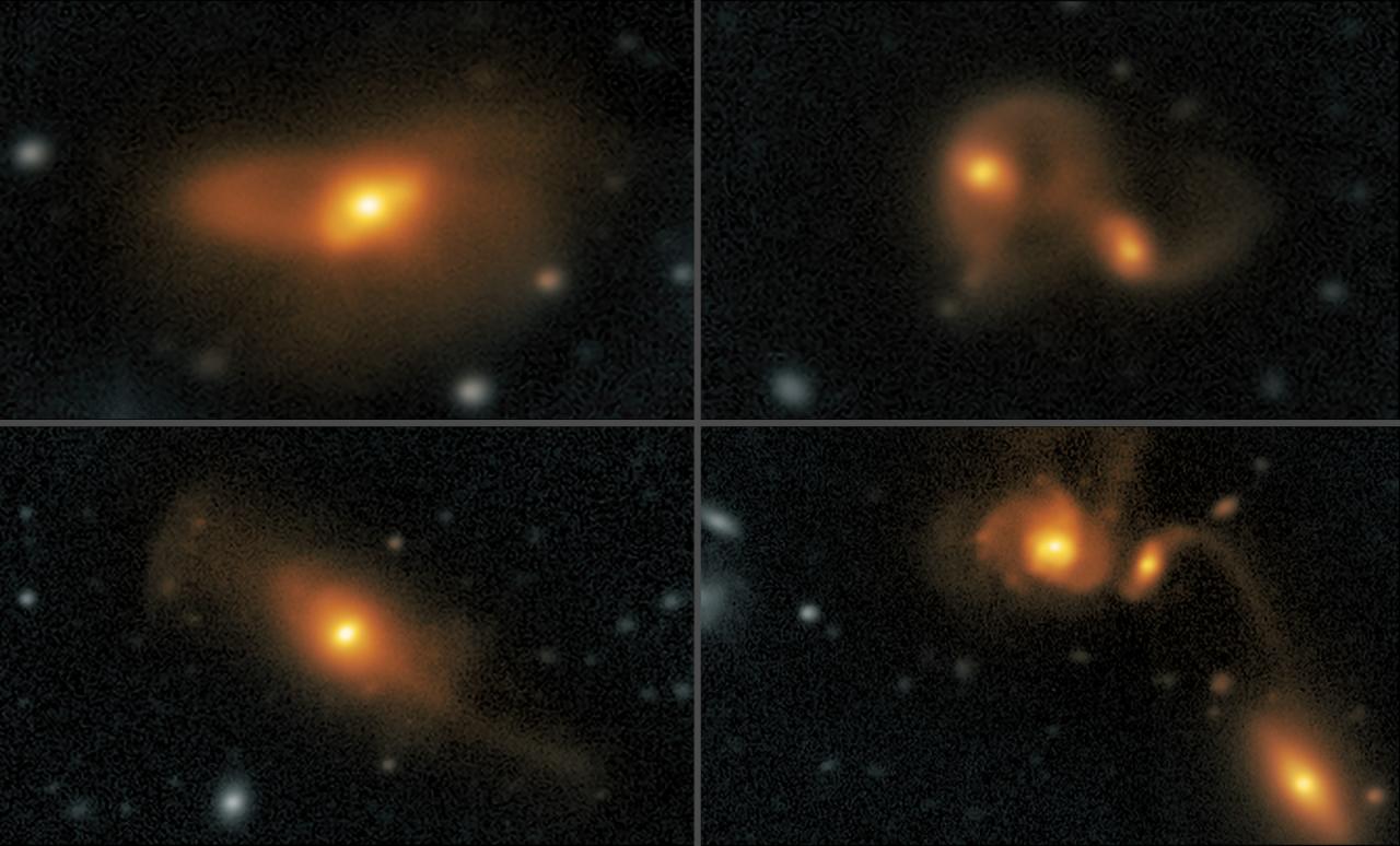 Imágenes de cuásares, tomadas por WFC/INT, en las que aparecen estructuras distorsionadas en las partes externas de los sistemas, características de las fusiones de galaxias. Diseño: Gabriel Pérez Díaz (IAC)