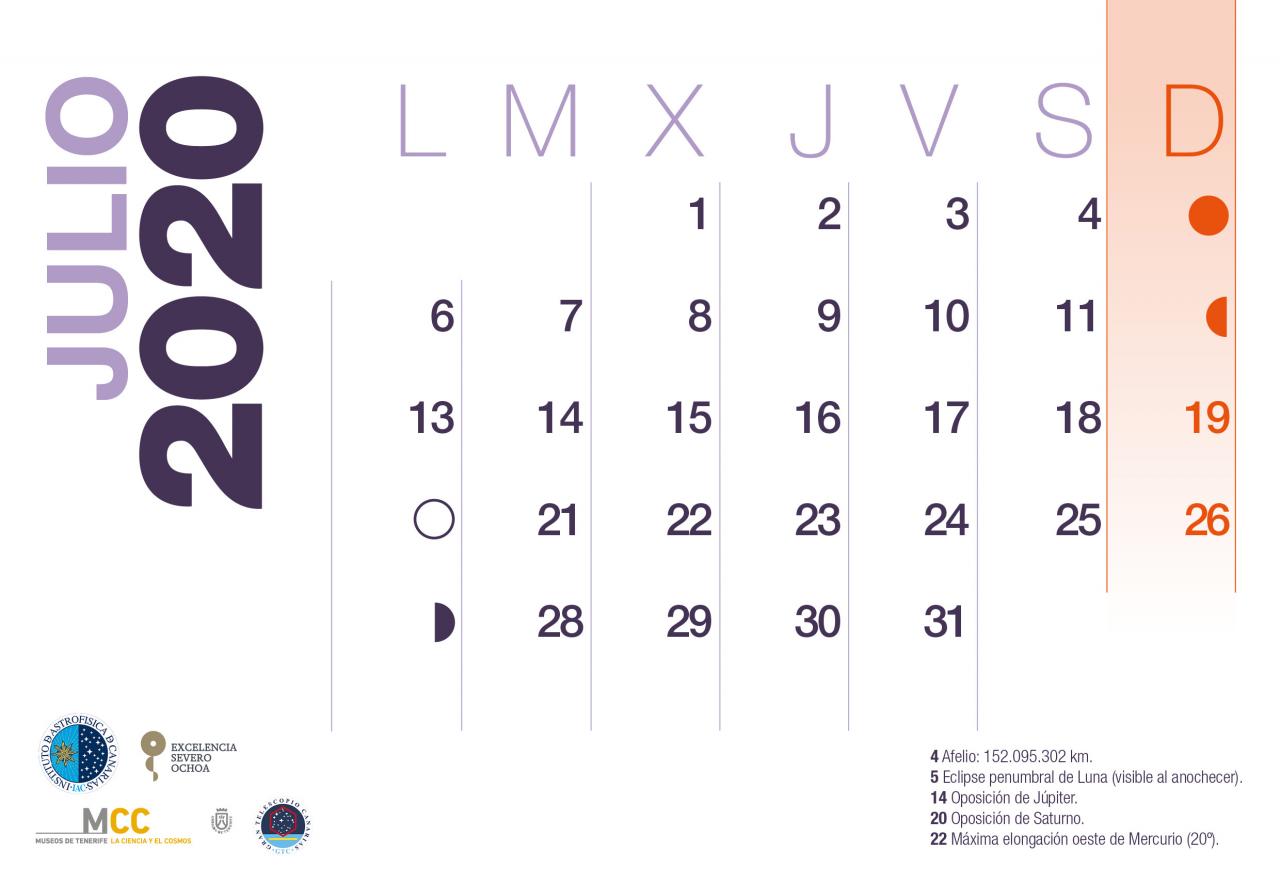 Calendario 2020 Julio