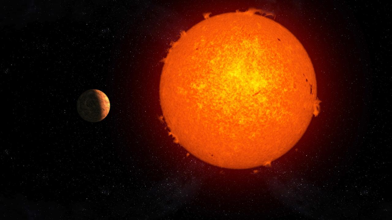 Representación artística del exoplaneta rocoso Próxima b orbitando su estrella.