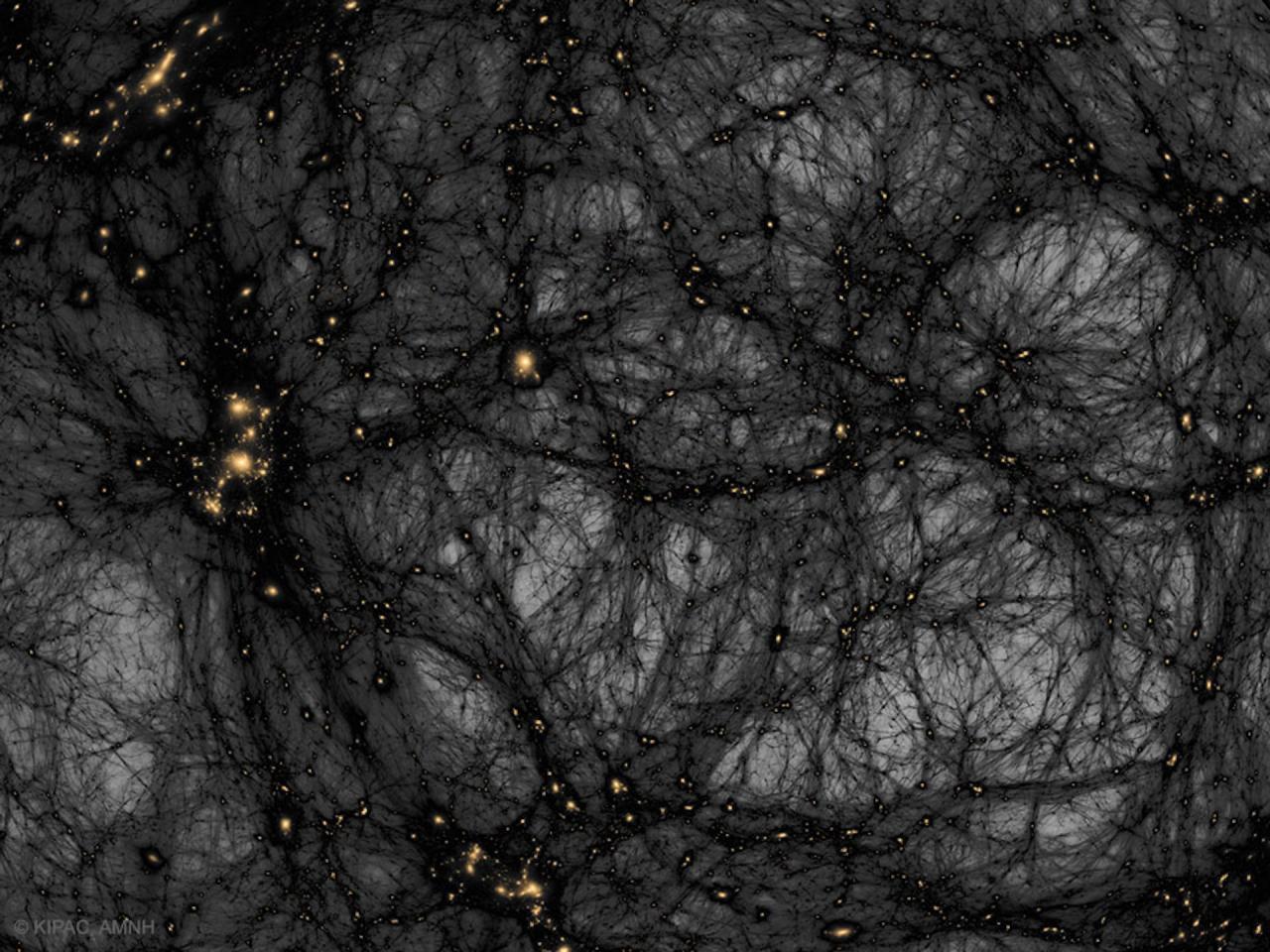 En una detallada simulación por ordenador se distinguen complejos filamentos de materia oscura (en negro) esparcidos como telarañas por el Universo. Los relativamente escasos grupos de materia bariónica aparecen en naranja. Créditos: KIPAC, SLAC, AMNH