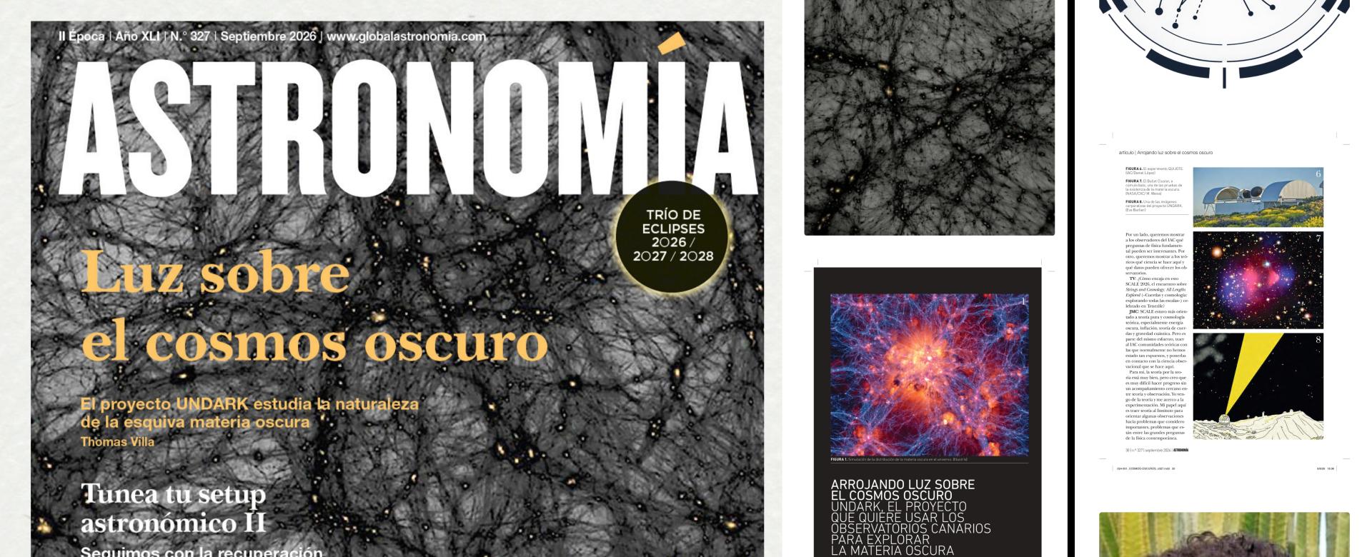 Collage showing the September 2026 cover of Astronomía magazine, pages from its UNDARK feature article, and science journalist Thomas Villa.