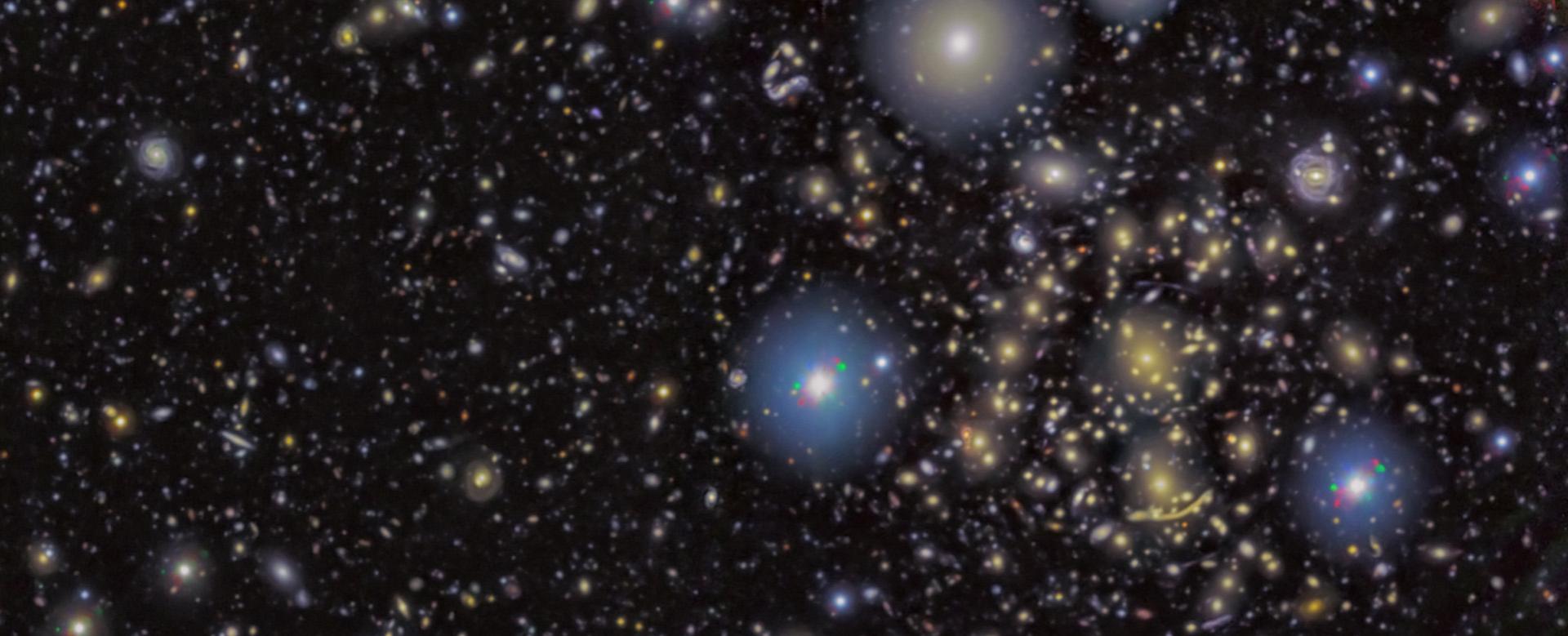 Image of the galaxy cluster Abell 370, one of the regions of the sky observed in the SHARDS Frontier Fields project. This is the deepest image ever taken to detect galaxies with emission lines, which are actively forming stars. The centre of the cluster is in the upper right of the image. In the same area, you can see gravitationally amplified galaxies, some of them showing highly deformed and lengthened morphologies, known as arcs. Credit: GRANTECAN Image of the galaxy cluster Abell 370, one of the regions of the sky observed in the SHARDS Frontier Fields project. This is the deepest image ever taken to detect galaxies with emission lines, which are actively forming stars. The centre of the cluster is in the upper right of the image. In the same area, you can see gravitationally amplified galaxies, some of them showing highly deformed and lengthened morphologies, known as arcs. Credit: GRANTECAN