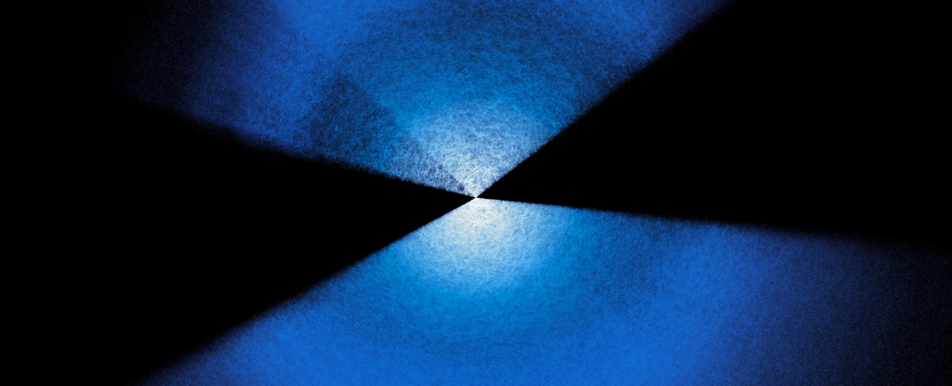 Two fans of blue and white dots extending up and down from center on a black background