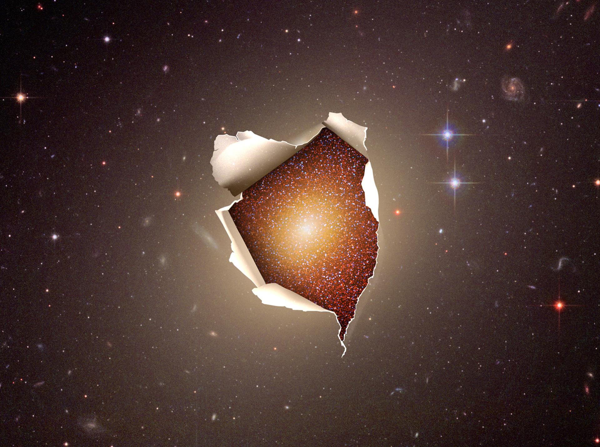 Small fraction of young blue stars in an elliptical galaxy. Artist's impression of the small fraction of young blue stars in an elliptical galaxy where its bulk of stars is old and red. Created with an image of NASA, ESA and The Hubble Heritage Team (STScI/AURA), with vectorpocket resource (Freepik). Credit: Gabriel Pérez Díaz, SMM (IAC).