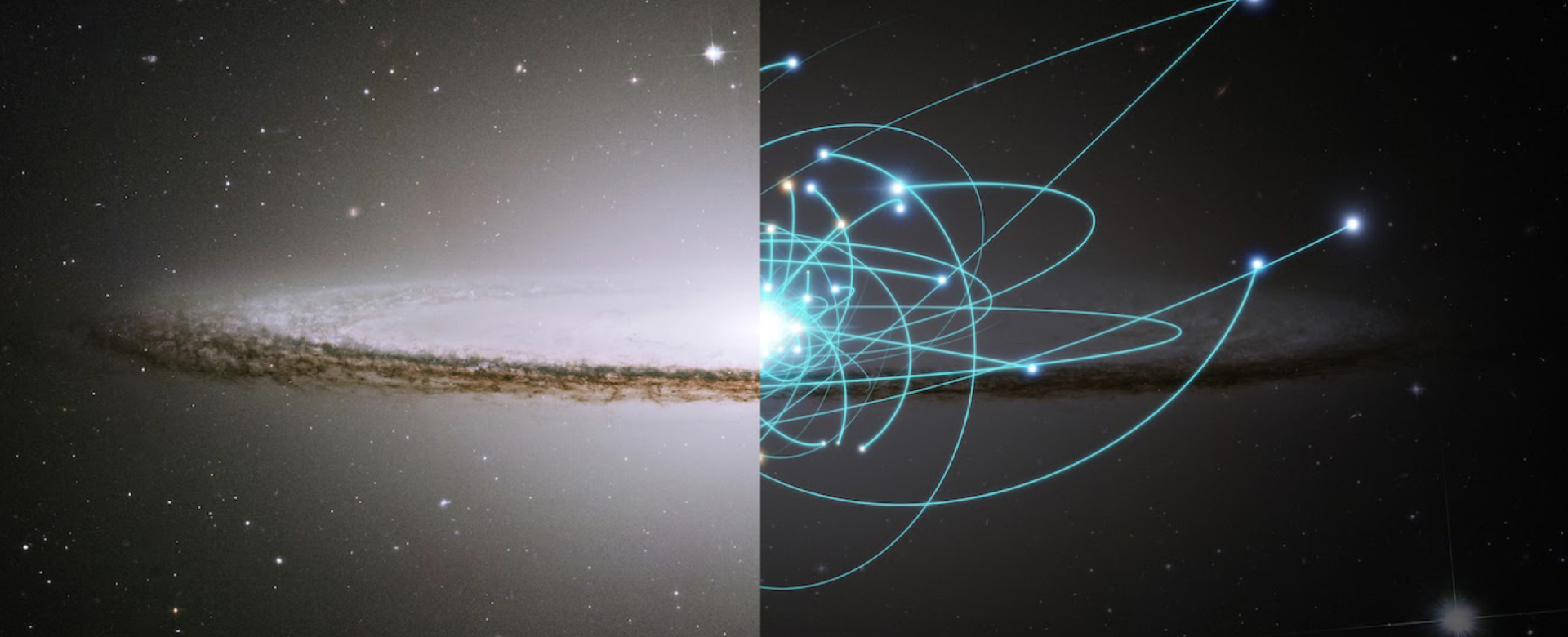 Ilustración artística que combina una imagen real de una galaxia con la representación de las órbitas estelares en su interior, para mostrar cómo el estudio de los movimientos de las estrellas permite reconstruir la historia de las galaxias