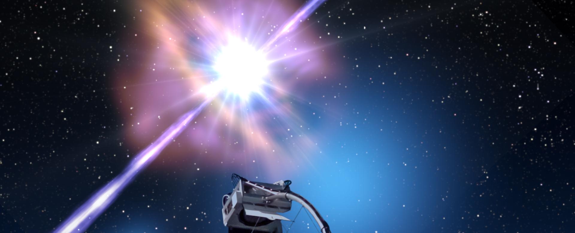 The gamma-ray burst GRB 190114C, discovered by the MAGIC telescopes . Artist view of the gamma-ray burst GRB 190114C, discovered by the MAGIC telescopes on January 14, 2019. This discovery unveils, for the first time, the most energetic component of these cosmic events. Credit: Gabriel Pérez Díaz (IAC).