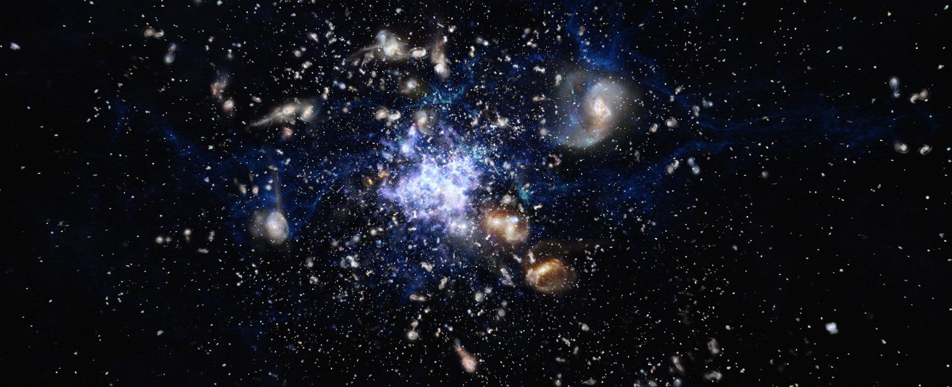 Artist's impression of a protocluster of galaxies in the early Universe Artist's impression of a protocluster of galaxies in the early Universe