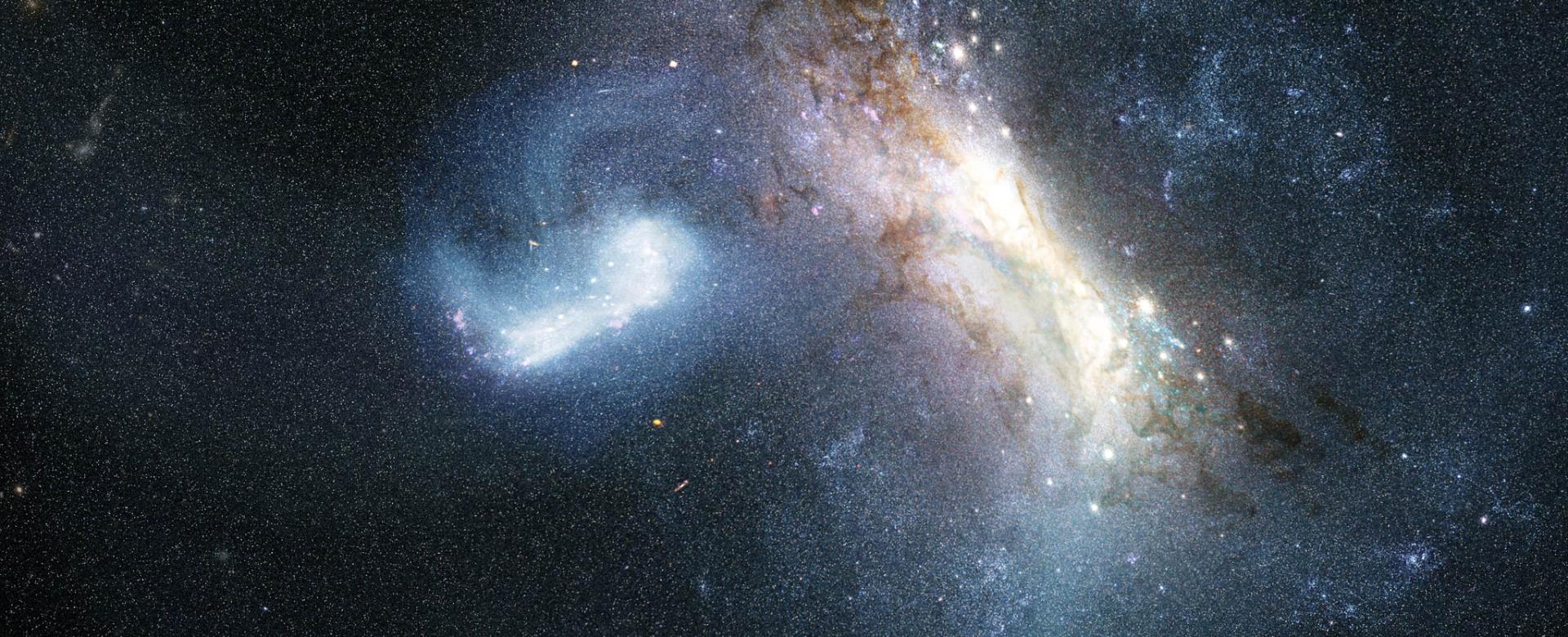 Representación artística de la colisión entre una galaxia enana conocida como LKH (izquierda) y una Vía Láctea joven (derecha), hace unos 12.000 millones de años.