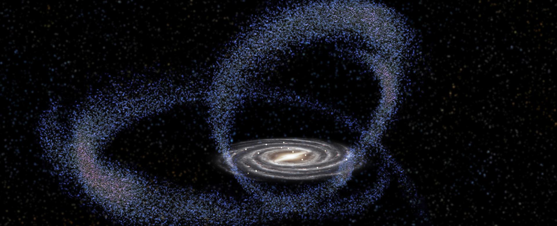 Artistic representation of the current interaction between the Sagittarius dwarf galaxy and the Milky Way. Credit: Gabriel Pérez Díaz, SMM (IAC). Artistic representation of the current interaction between the Sagittarius dwarf galaxy and the Milky Way. Credit: Gabriel Pérez Díaz, SMM (IAC).