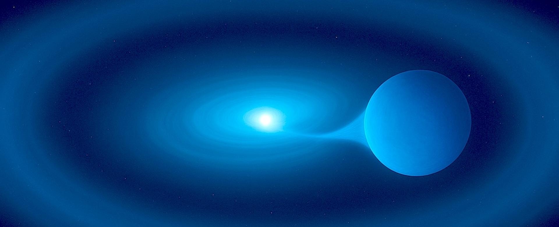 Artistic impression of the V Sagittae star system, where a superdense white dwarf extracts matter from its larger companion. Unable to assimilate all the transferred mass, a bright ring of gas forms around it.