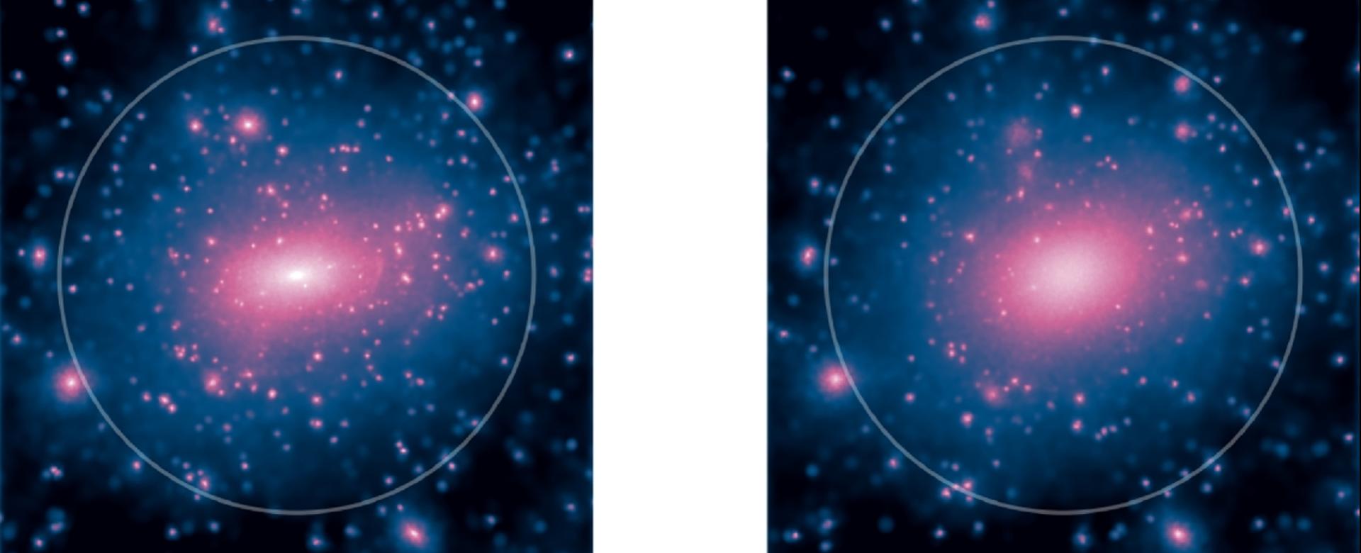 Dark matter in two galaxies simulated on a computer. The only difference between them is the nature of dark matter. Without collisions on the left and with collisions on the right. The work suggests that dark matter in real galaxies looks more like the image on the right, less clumpy and more diffuse than the one on the left. The circle marks the end of the galaxy. Credit: Image taken from the article Brinckmann et al. (2018, Monthly Notices of the Royal Astronomical Society, 474, 746; https://doi.org/10.1093/mnras/stx2782). Dark matter in two galaxies simulated on a computer. The only difference between them is the nature of dark matter. Without collisions on the left and with collisions on the right. The work suggests that dark matter in real galaxies looks more like the image on the right, less clumpy and more diffuse than the one on the left. The circle marks the end of the galaxy. Credit: Image taken from the article Brinckmann et al. (2018, Monthly Notices of the Royal Astronomical Society, 474, 746; https://doi.org/10.10