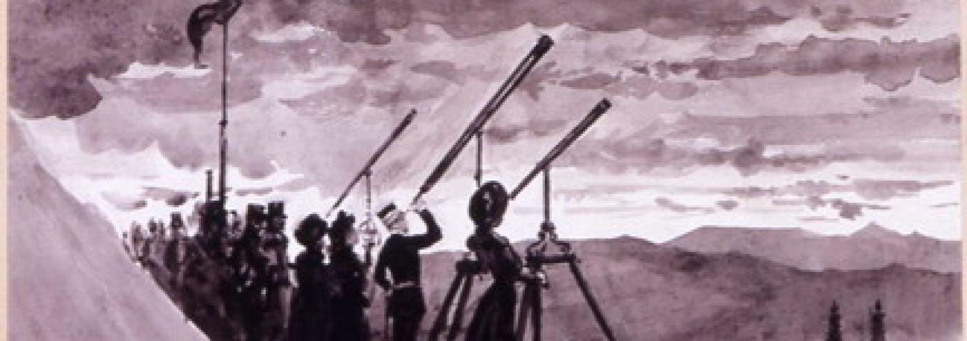 El Rey Alfonso XIII junto con la Familia Real observando el eclipse en Burgos. Grabado de Marceliano Santa María. 1905. Archivo Municipal de Burgos.